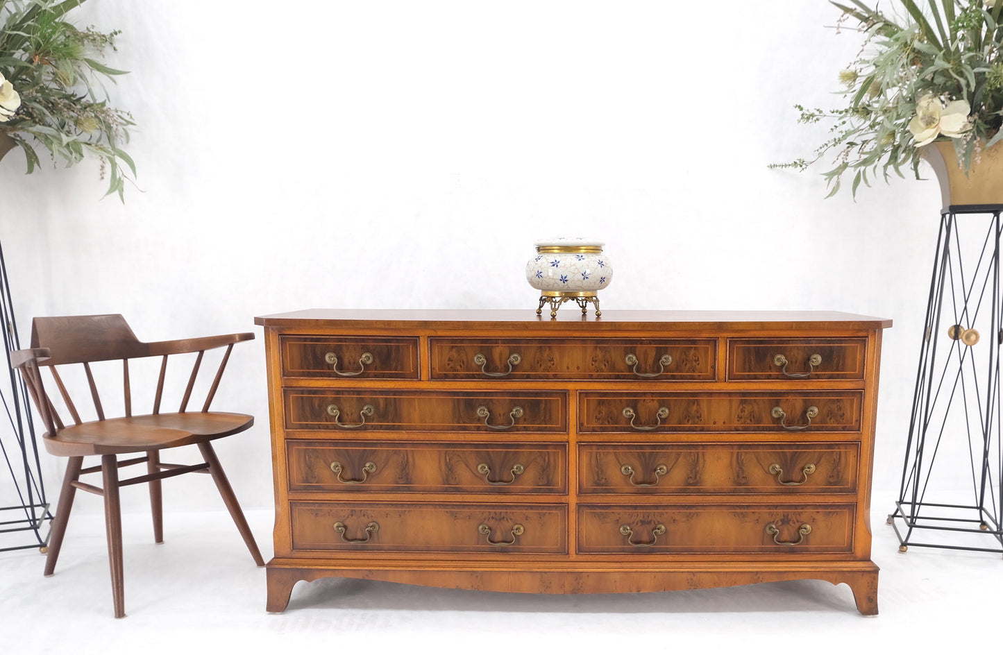 Yew Wood Long 9 Drawers Long Pencil Inlaid Dresser Credenza Brass Drops MINT!