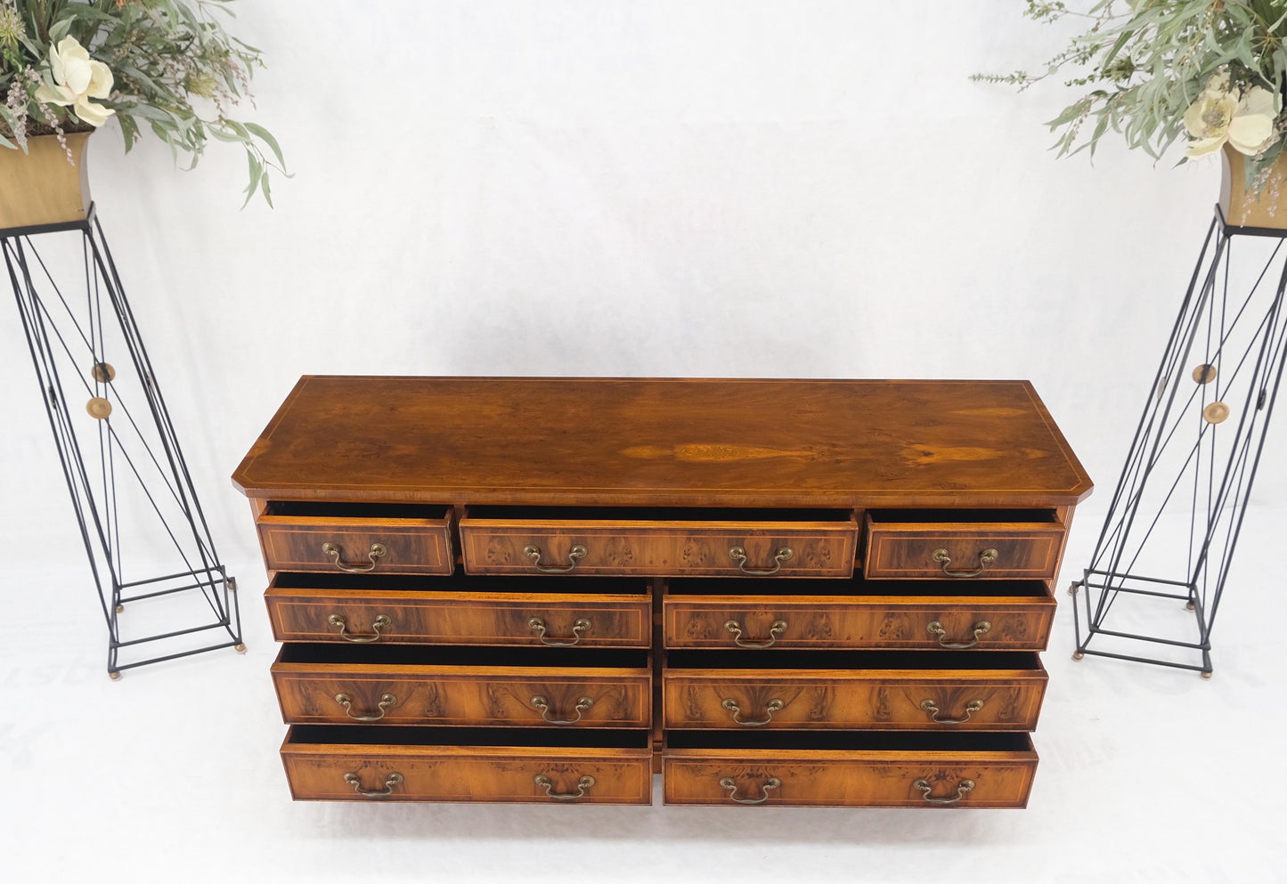 Yew Wood Long 9 Drawers Long Pencil Inlaid Dresser Credenza Brass Drops MINT!