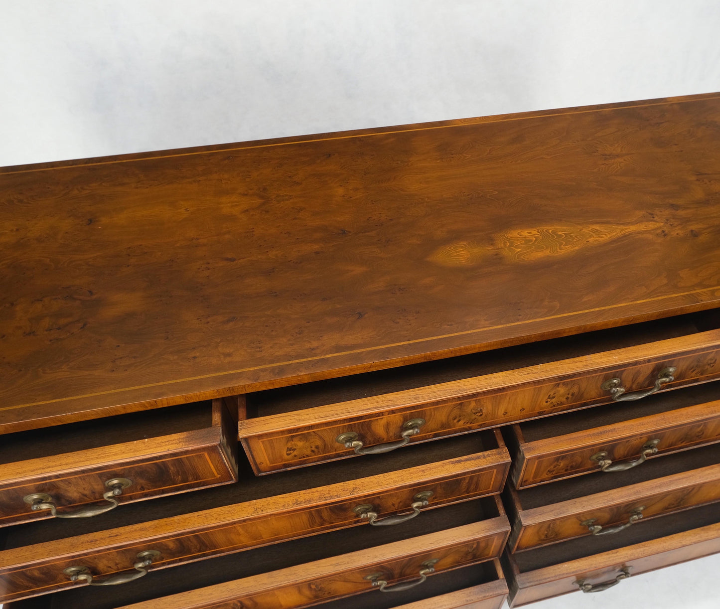 Yew Wood Long 9 Drawers Long Pencil Inlaid Dresser Credenza Brass Drops MINT!