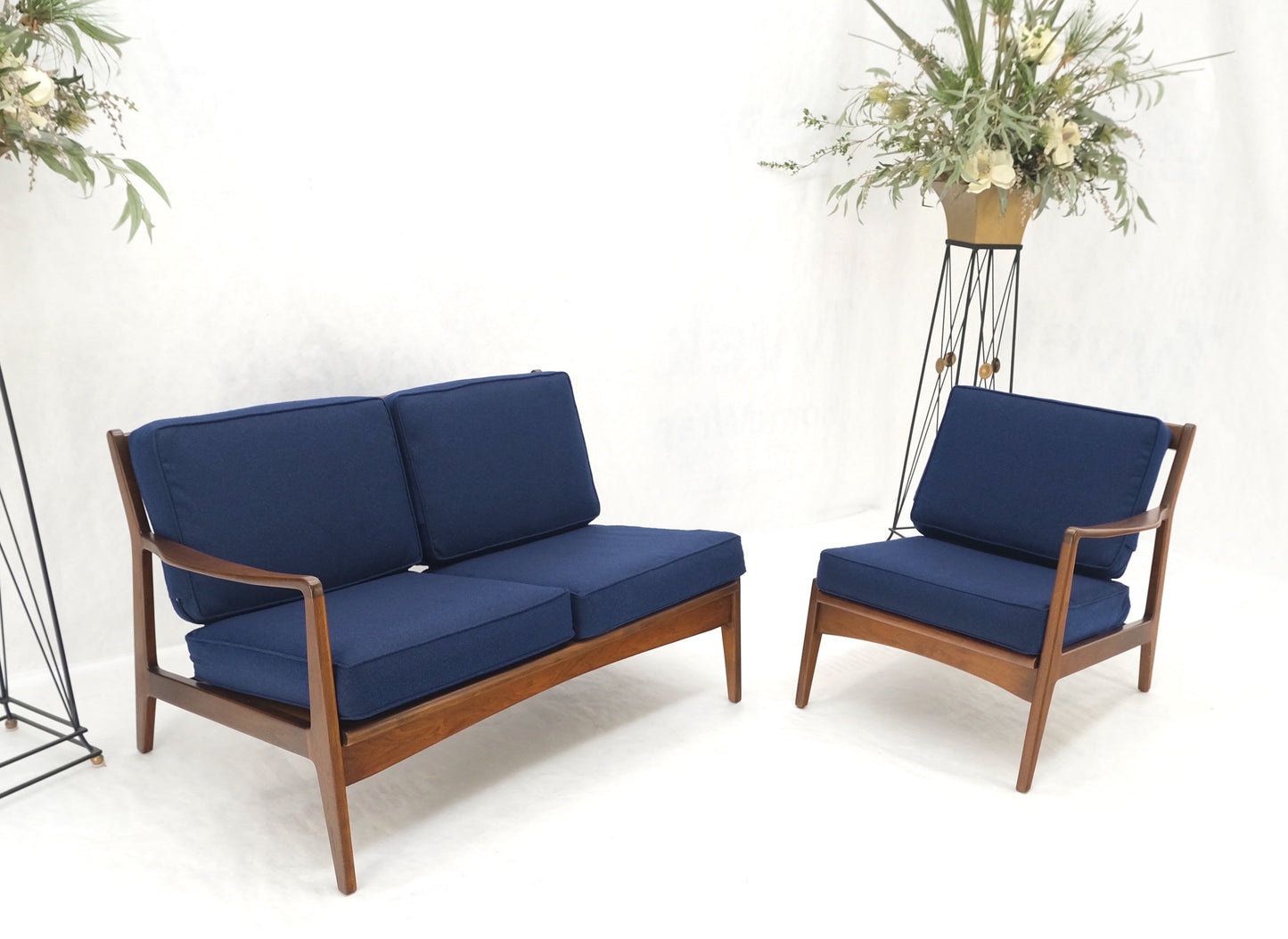 Danish Mid-Century Modern New Upholstery Walnut Frames Sofa & Chair Set Mint!