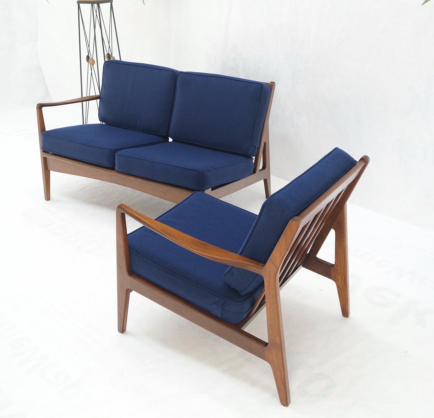 Danish Mid-Century Modern New Upholstery Walnut Frames Sofa & Chair Set Mint!