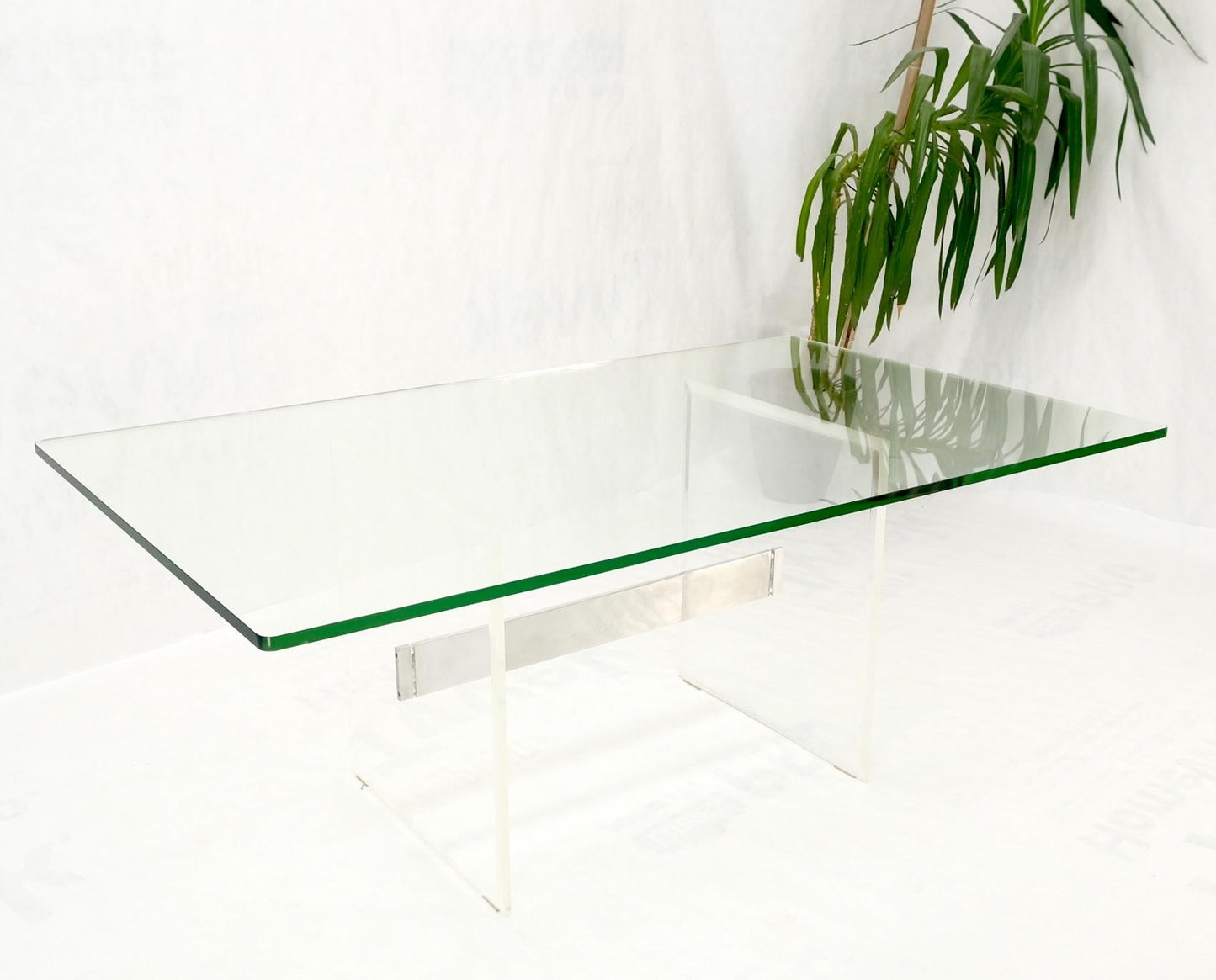 Lucite & Aluminum Base Rectangle Glass Top Dining Conference Table