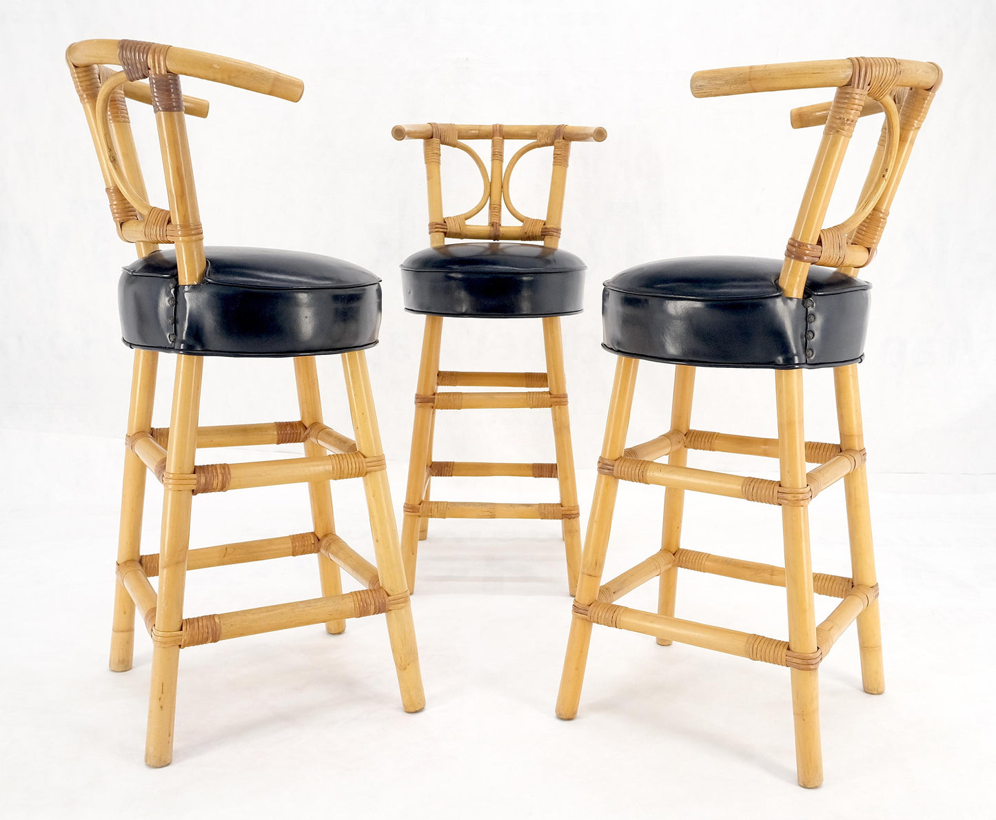 Set of 3 Black Vinyl Upholstery Bamboo Bar Stools Mid Century Modern MINT