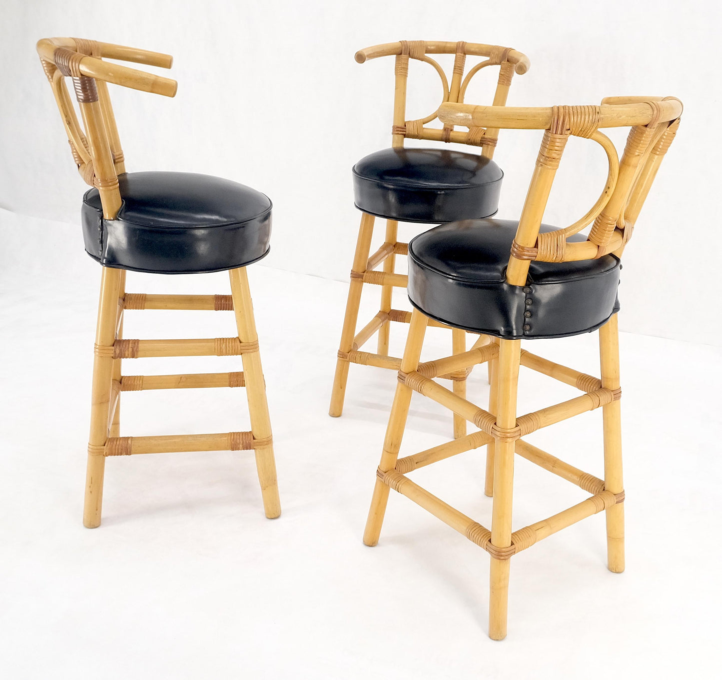 Set of 3 Black Vinyl Upholstery Bamboo Bar Stools Mid Century Modern MINT