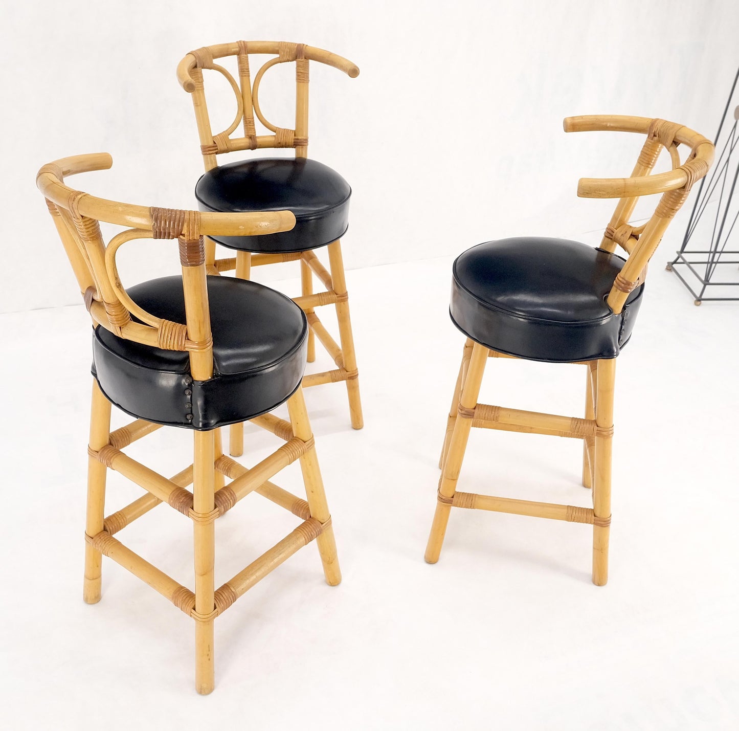 Set of 3 Black Vinyl Upholstery Bamboo Bar Stools Mid Century Modern MINT