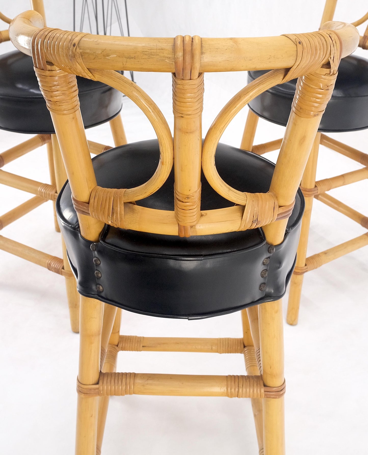 Set of 3 Black Vinyl Upholstery Bamboo Bar Stools Mid Century Modern MINT