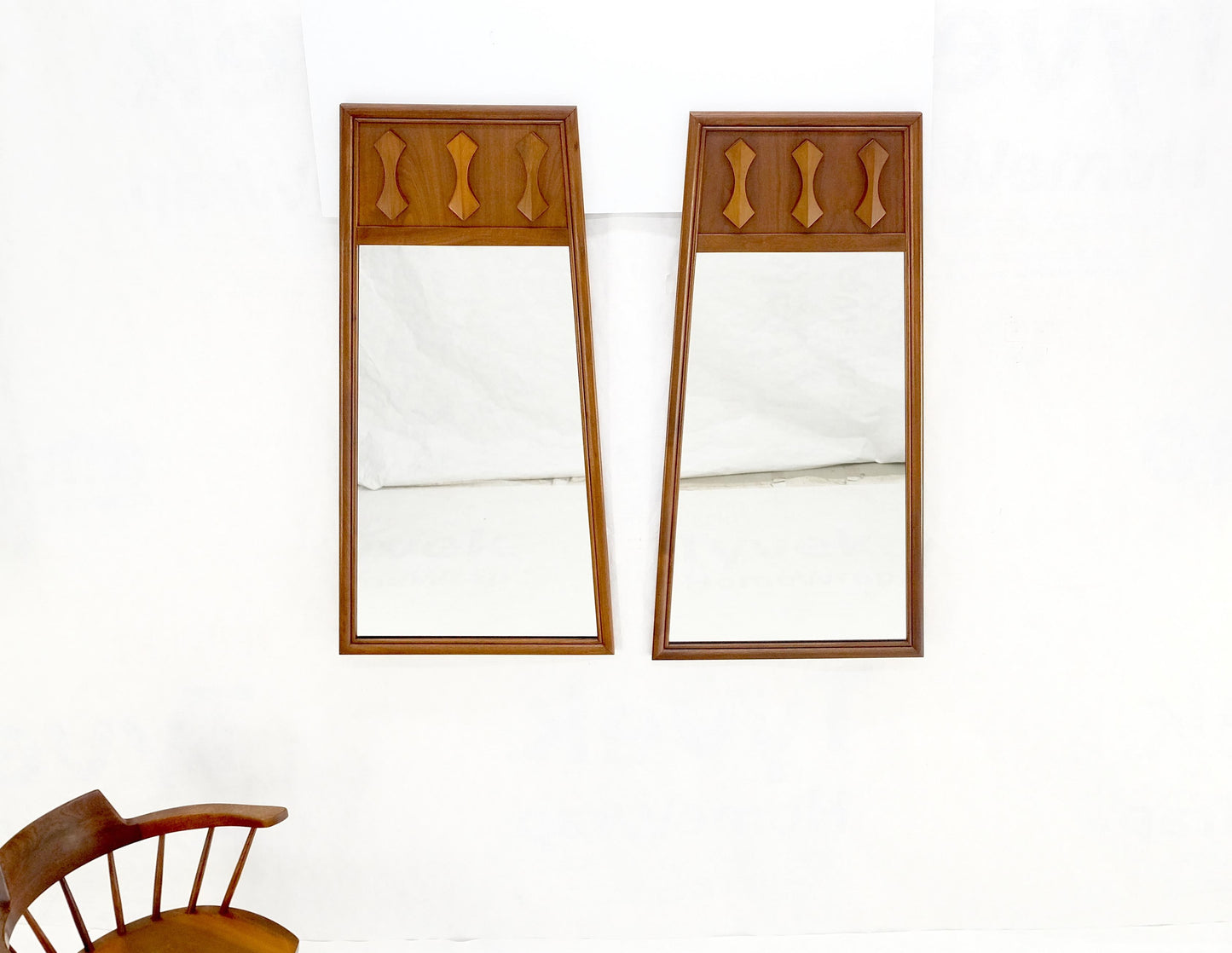 Pair of Mid Century Modern Walnut Pyramid Shape Walnut Wall Mirrors MINT!