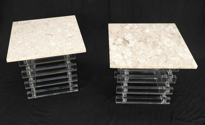 Pair Stacked Lucite Square Marble Travertine Tops End Side Occasional Tables