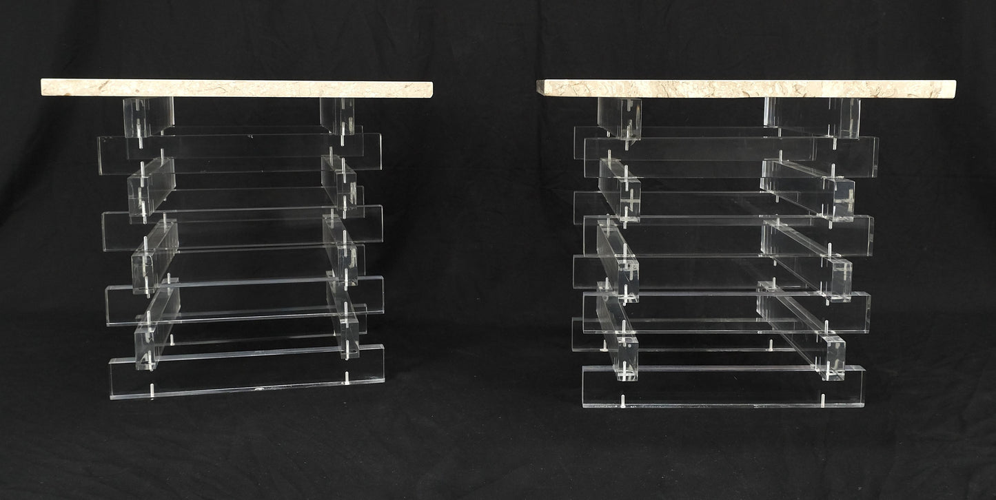 Pair Stacked Lucite Square Marble Travertine Tops End Side Occasional Tables