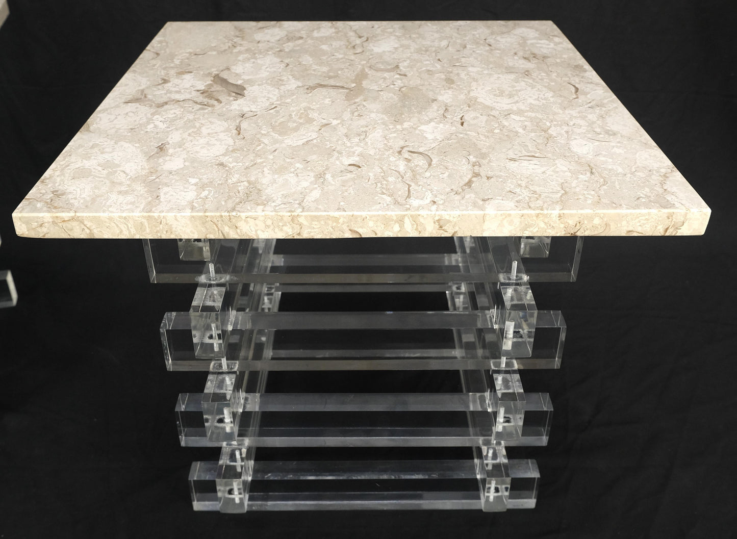 Pair Stacked Lucite Square Marble Travertine Tops End Side Occasional Tables