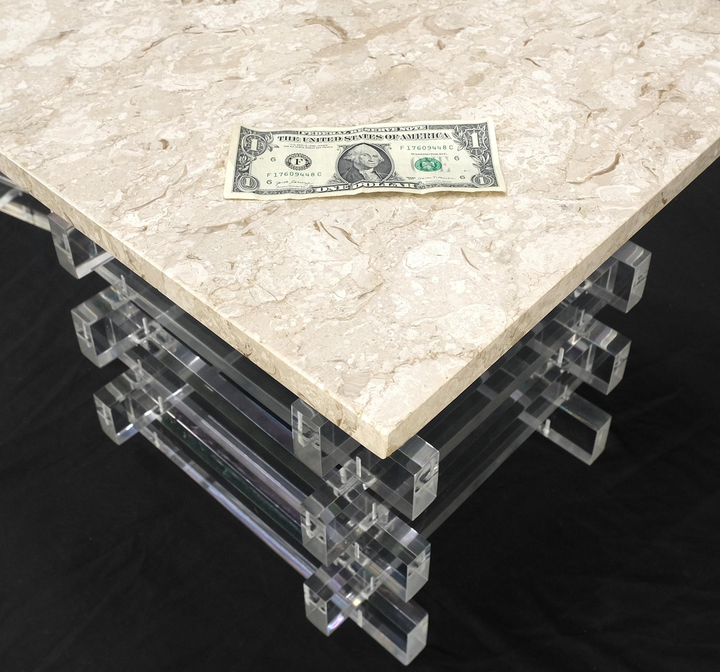 Pair Stacked Lucite Square Marble Travertine Tops End Side Occasional Tables