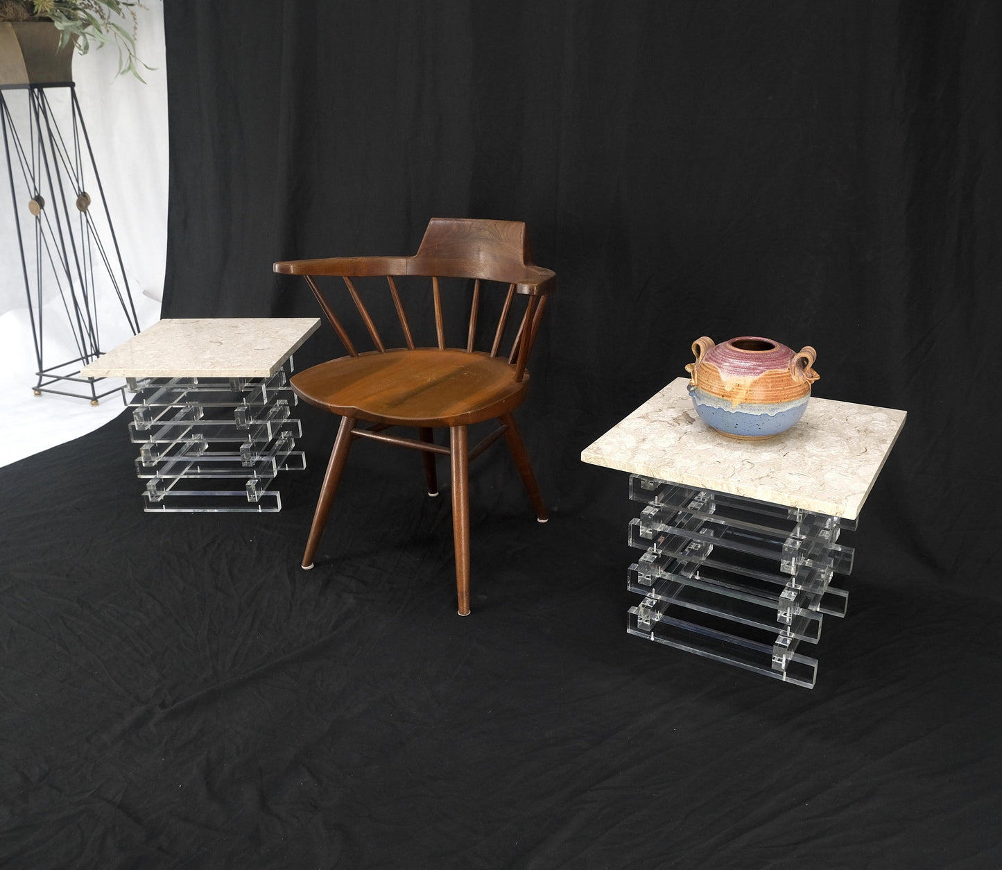 Pair Stacked Lucite Square Marble Travertine Tops End Side Occasional Tables