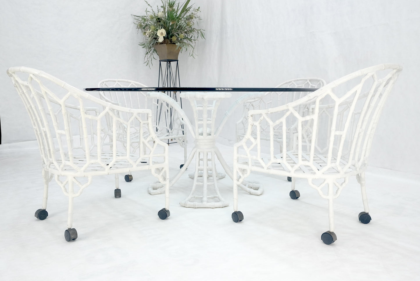 Cast Aluminum Faux Bamboo 4 Arm Chairs 60" 3/4" Glass Top Dining Table Set MINT!