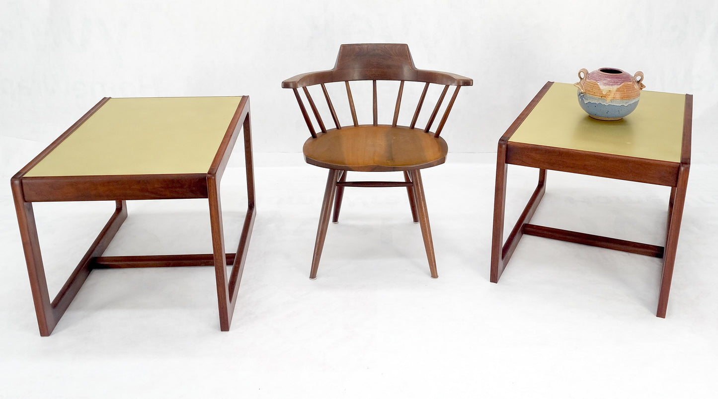 Pair of Mid Century Modern Solid Oil Walnut c1970s Brass Tops Side End Tables