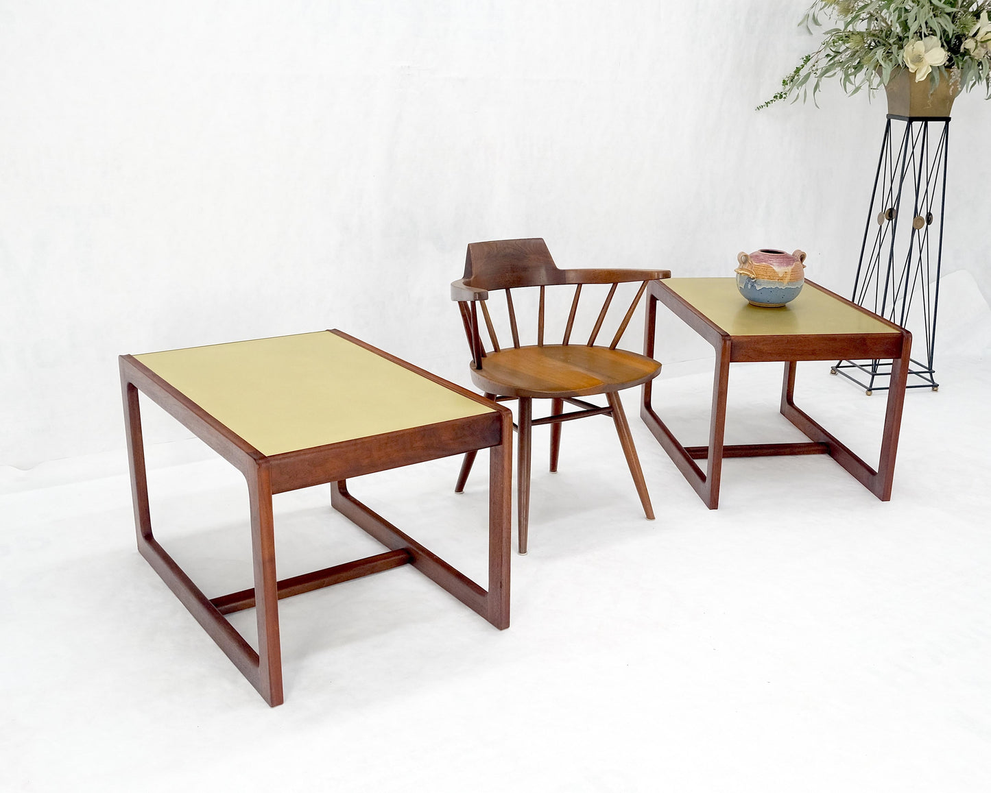 Pair of Mid Century Modern Solid Oil Walnut c1970s Brass Tops Side End Tables