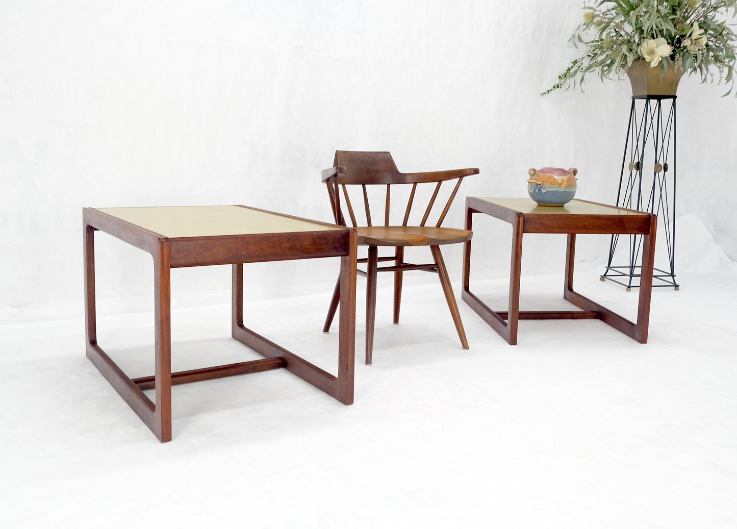 Pair of Mid Century Modern Solid Oil Walnut c1970s Brass Tops Side End Tables