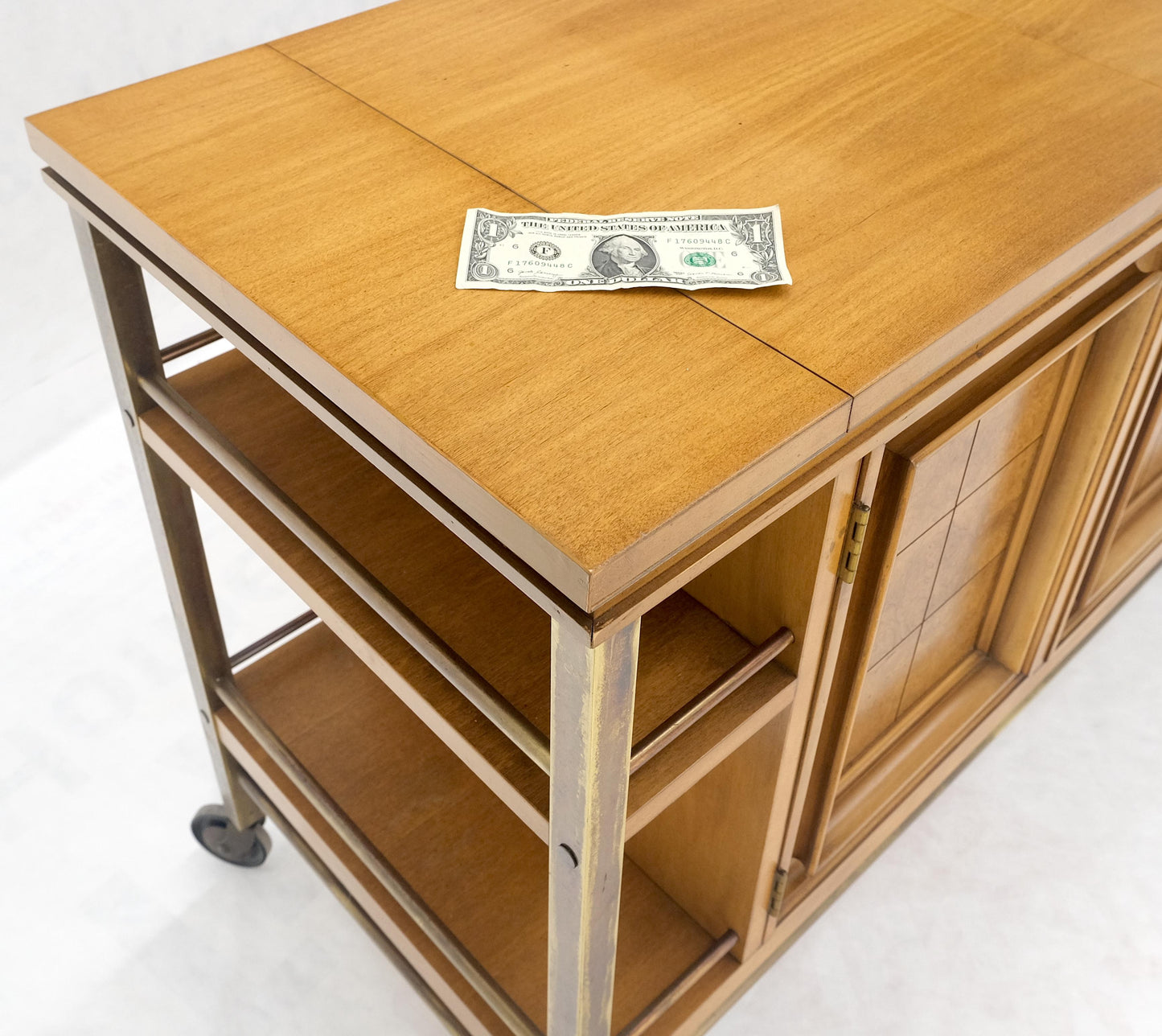 Brass Burl Wood Fruitwood Flip Top Expandable Serving Bar Cart Liquor Cabinet