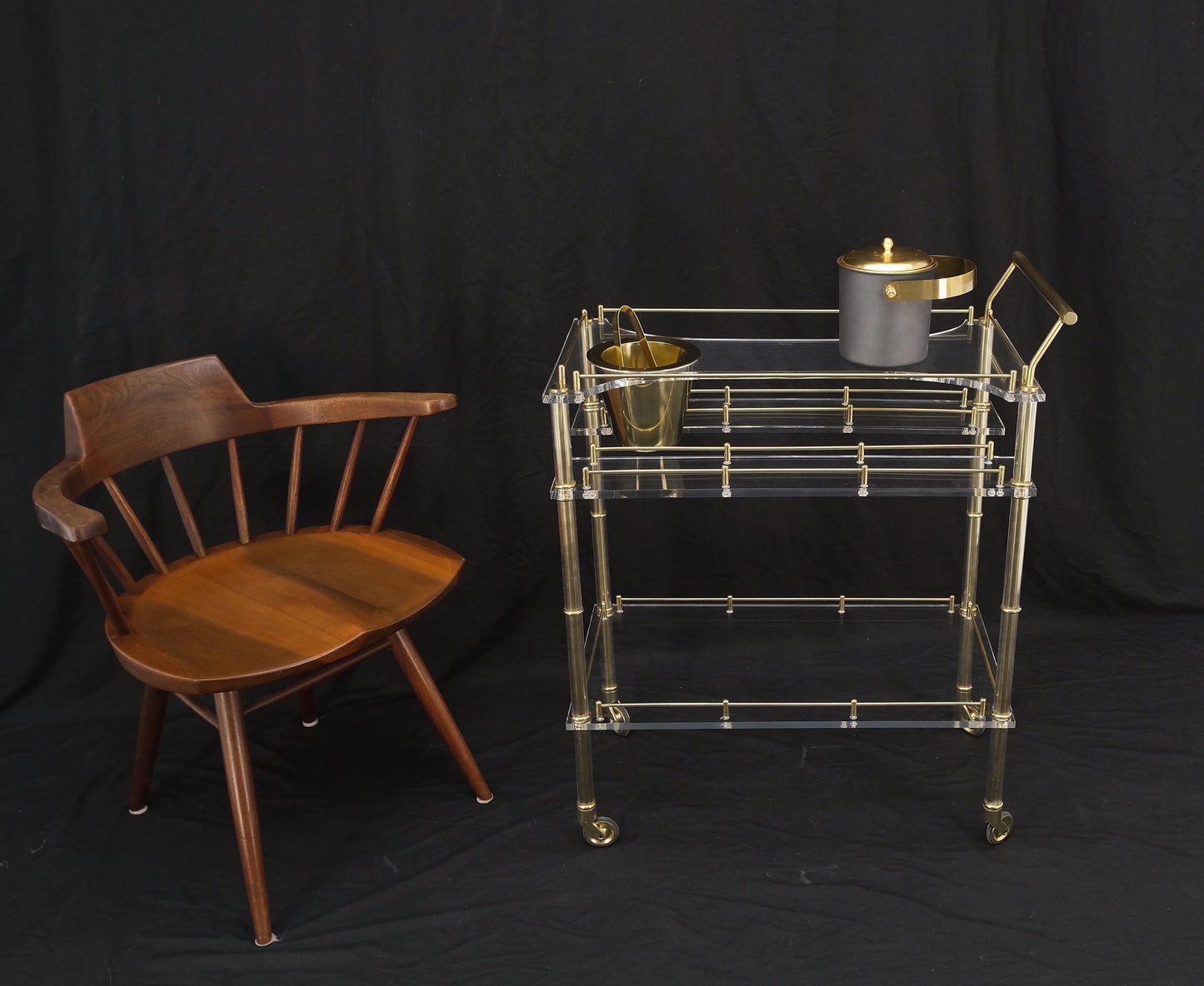 Mid-Century Modern Lucite & Gold Gilt Metal Serving Tray Cart Ice Bucket Mint!