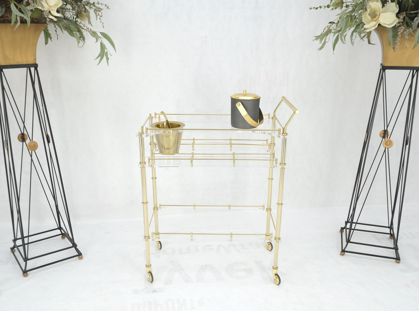 Mid-Century Modern Lucite & Gold Gilt Metal Serving Tray Cart Ice Bucket Mint!