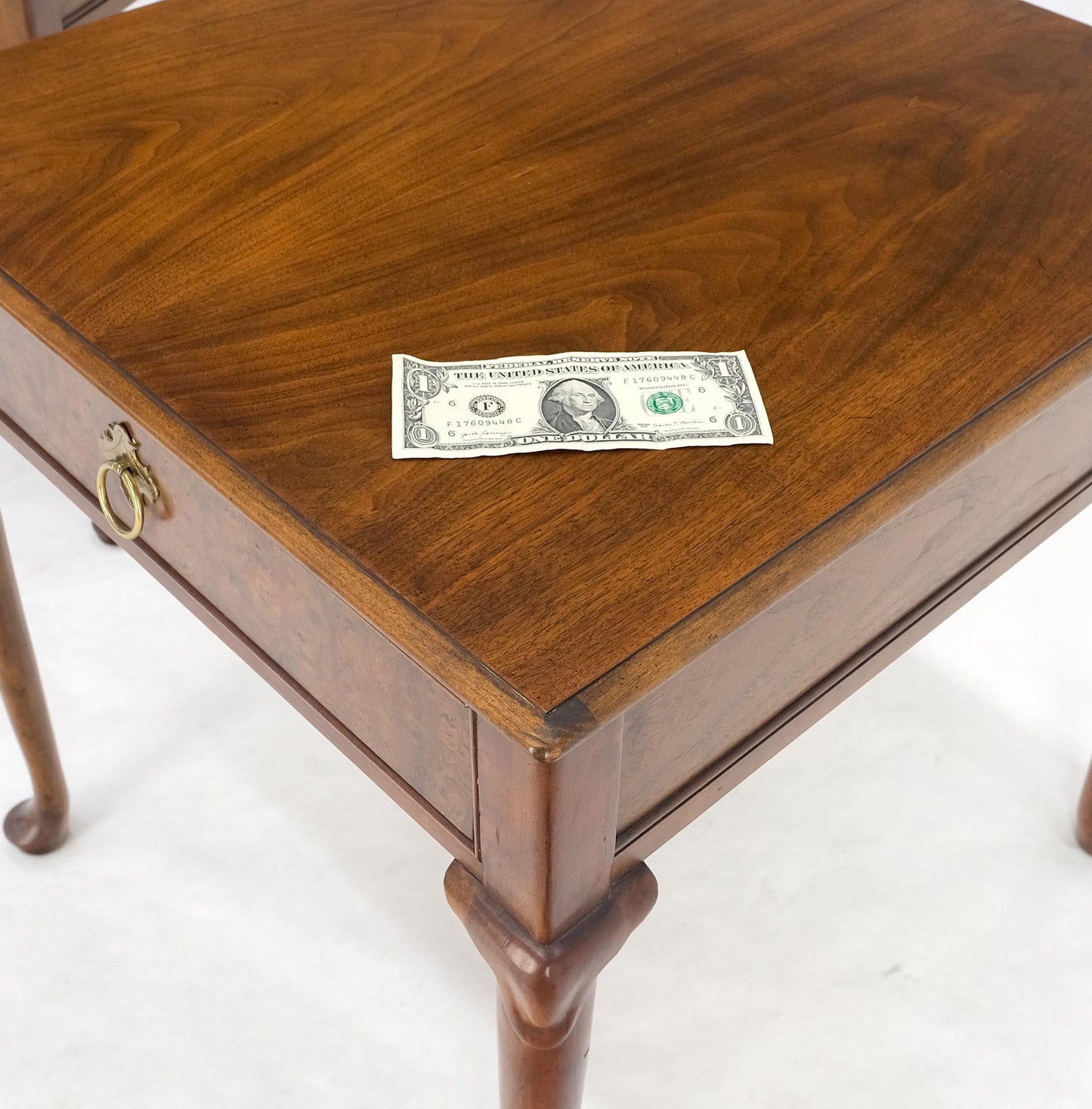 Baker Burl Wood Walnut Brass Drop Ring Pulls One Drawer Nightstands End Tables