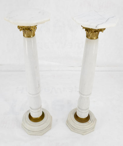 Pair Brass & Turned White Marble Bases Octagonal Tops Columns Pedestals MINT!