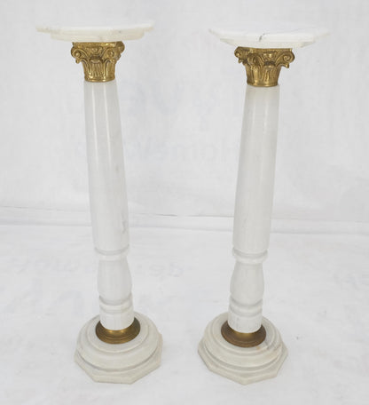 Pair Brass & Turned White Marble Bases Octagonal Tops Columns Pedestals MINT!