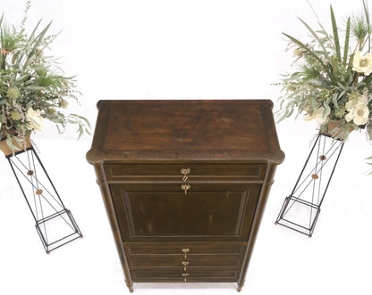 Dark Golden Olive Drop Front Secretary Desk High Chest Drawers Dresser Brass Key