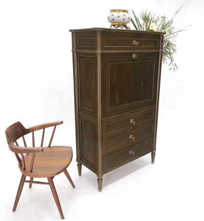 Dark Golden Olive Drop Front Secretary Desk High Chest Drawers Dresser Brass Key