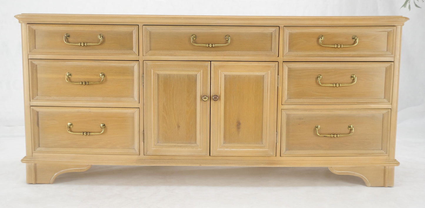 Pickled White Oak & Yew Wood Heavy Long Brass Drop Pulls Long Dresser Credenza