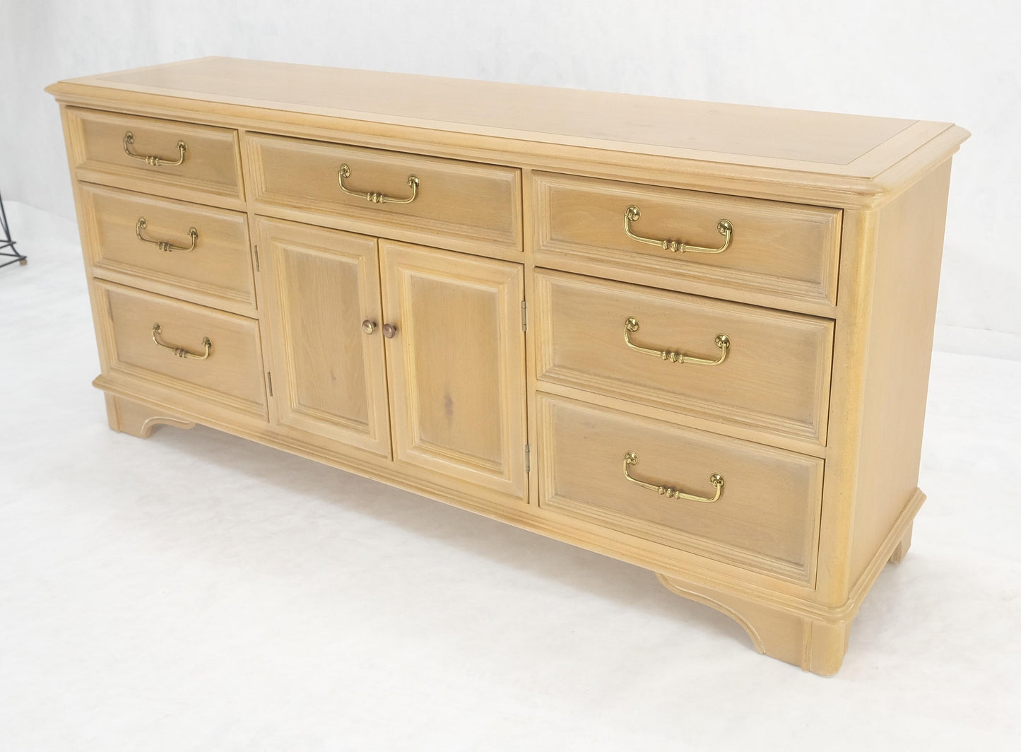 Pickled White Oak & Yew Wood Heavy Long Brass Drop Pulls Long Dresser Credenza