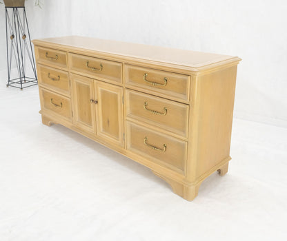 Pickled White Oak & Yew Wood Heavy Long Brass Drop Pulls Long Dresser Credenza