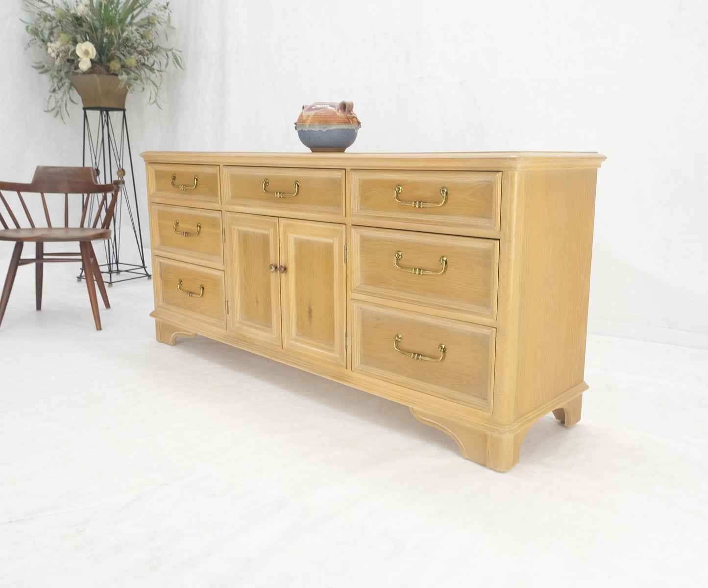 Pickled White Oak & Yew Wood Heavy Long Brass Drop Pulls Long Dresser Credenza