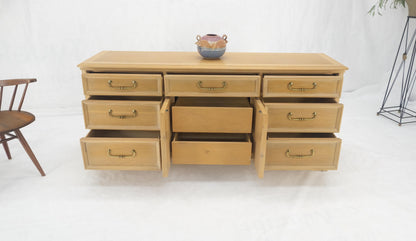 Pickled White Oak & Yew Wood Heavy Long Brass Drop Pulls Long Dresser Credenza