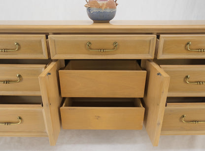 Pickled White Oak & Yew Wood Heavy Long Brass Drop Pulls Long Dresser Credenza