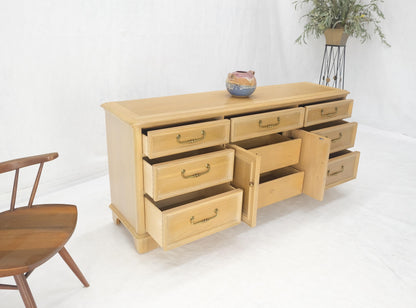 Pickled White Oak & Yew Wood Heavy Long Brass Drop Pulls Long Dresser Credenza