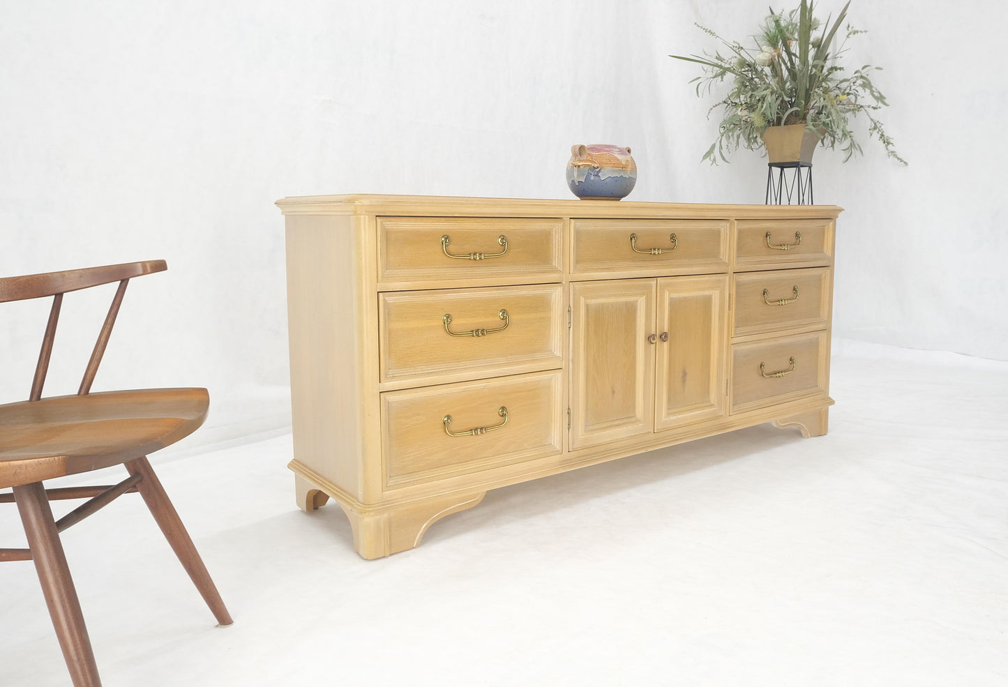 Pickled White Oak & Yew Wood Heavy Long Brass Drop Pulls Long Dresser Credenza