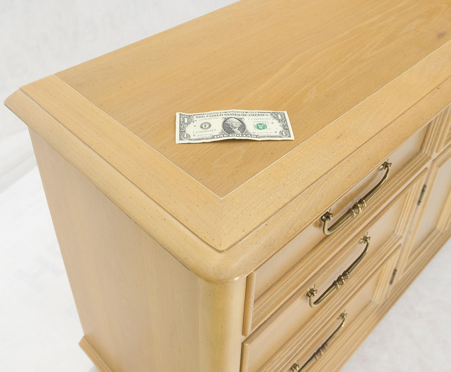 Pickled White Oak & Yew Wood Heavy Long Brass Drop Pulls Long Dresser Credenza