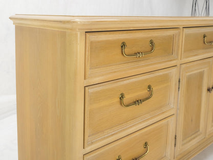 Pickled White Oak & Yew Wood Heavy Long Brass Drop Pulls Long Dresser Credenza