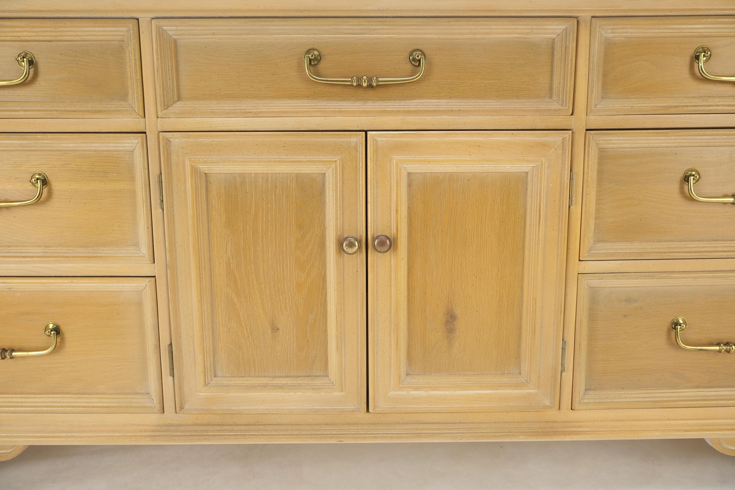 Pickled White Oak & Yew Wood Heavy Long Brass Drop Pulls Long Dresser Credenza