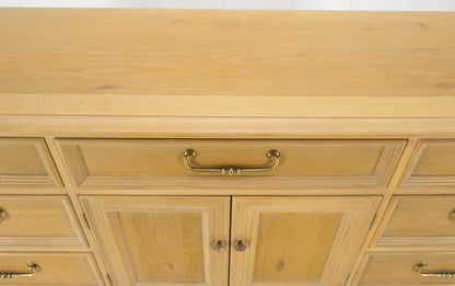 Pickled White Oak & Yew Wood Heavy Long Brass Drop Pulls Long Dresser Credenza