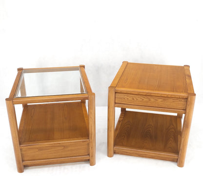 Pair Quality Glass Top One Drawer Side End Tables Nightstands Thomasville Mint!