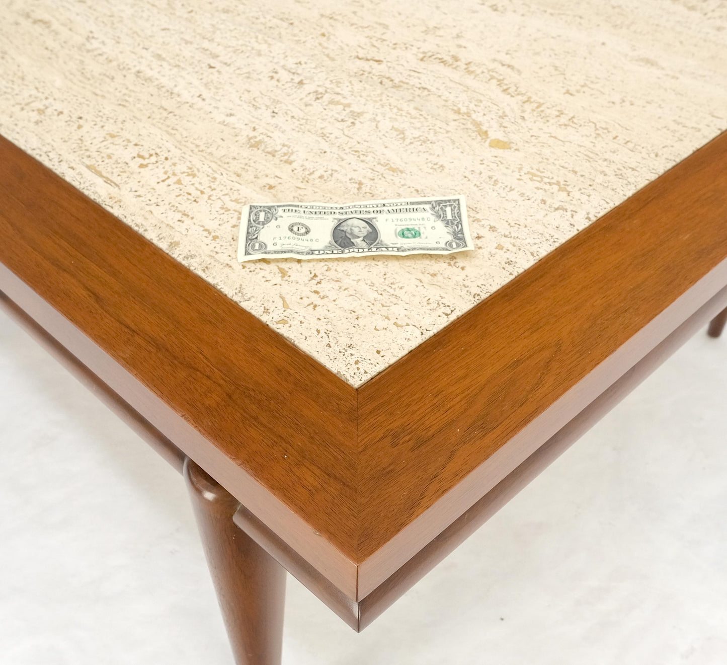 Floating Walnut Top Travertine Insert Tapered legs Rectangle Coffee Table MINT!