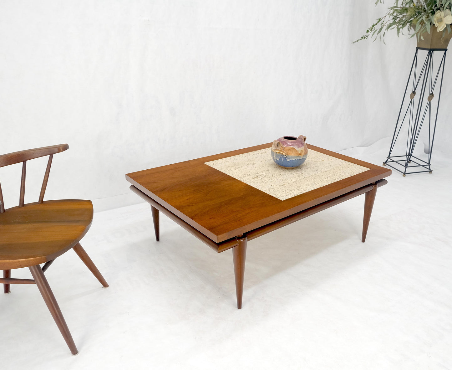 Floating Walnut Top Travertine Insert Tapered legs Rectangle Coffee Table MINT!