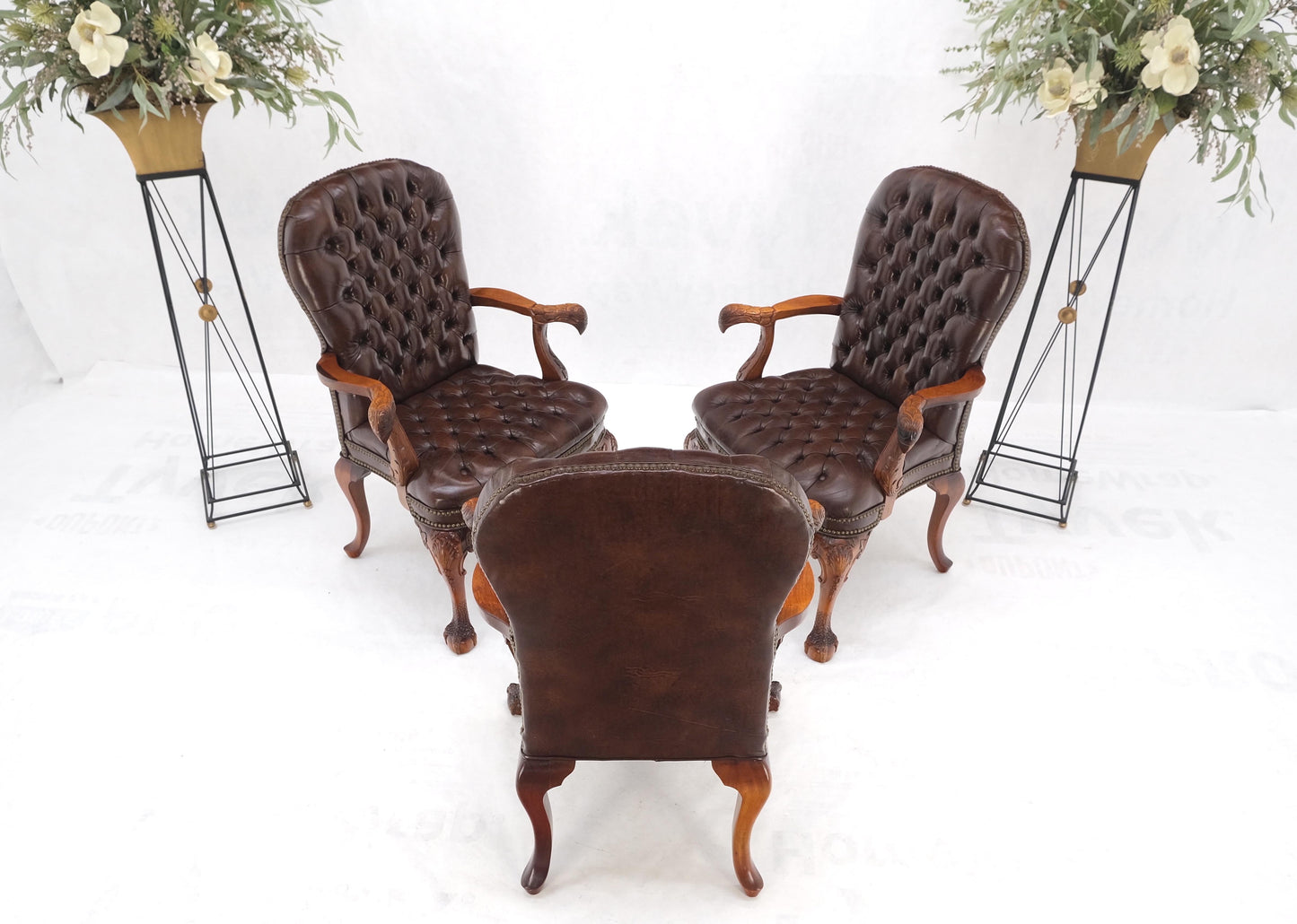 Brown Leather Chesterfield Backs & Seat Carved Walnut Armchairs Fireside Chairs