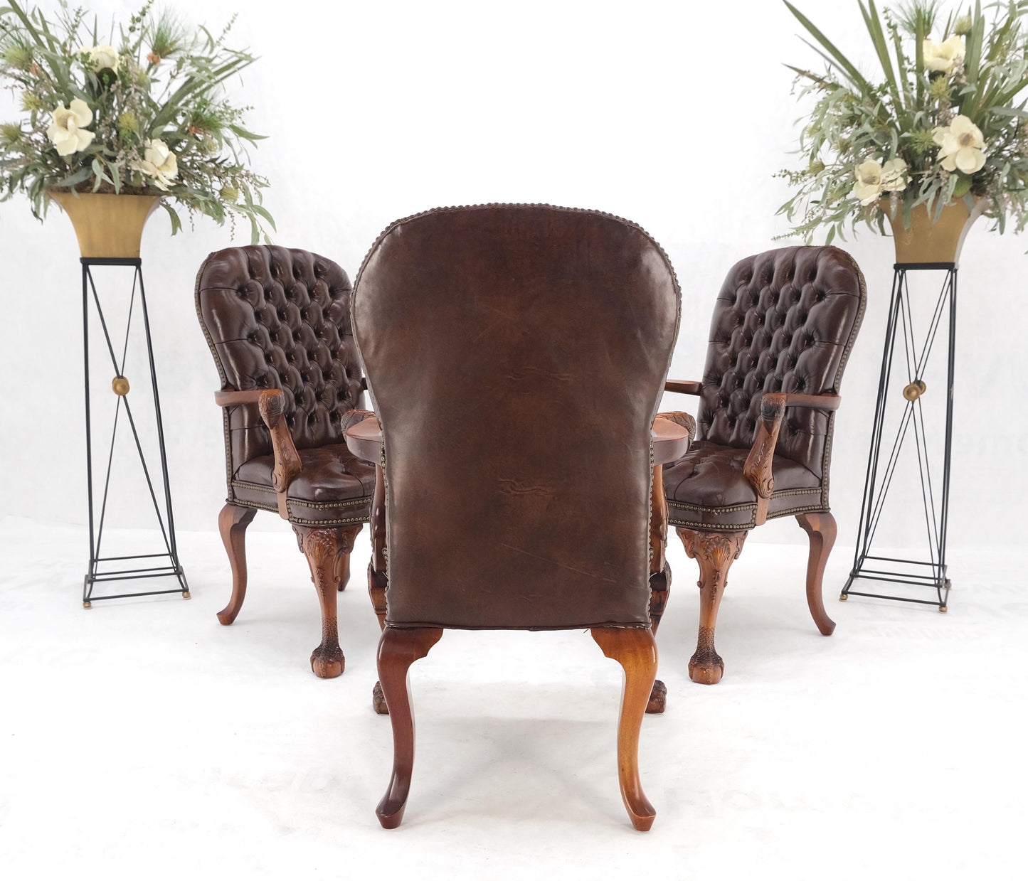 Brown Leather Chesterfield Backs & Seat Carved Walnut Armchairs Fireside Chairs