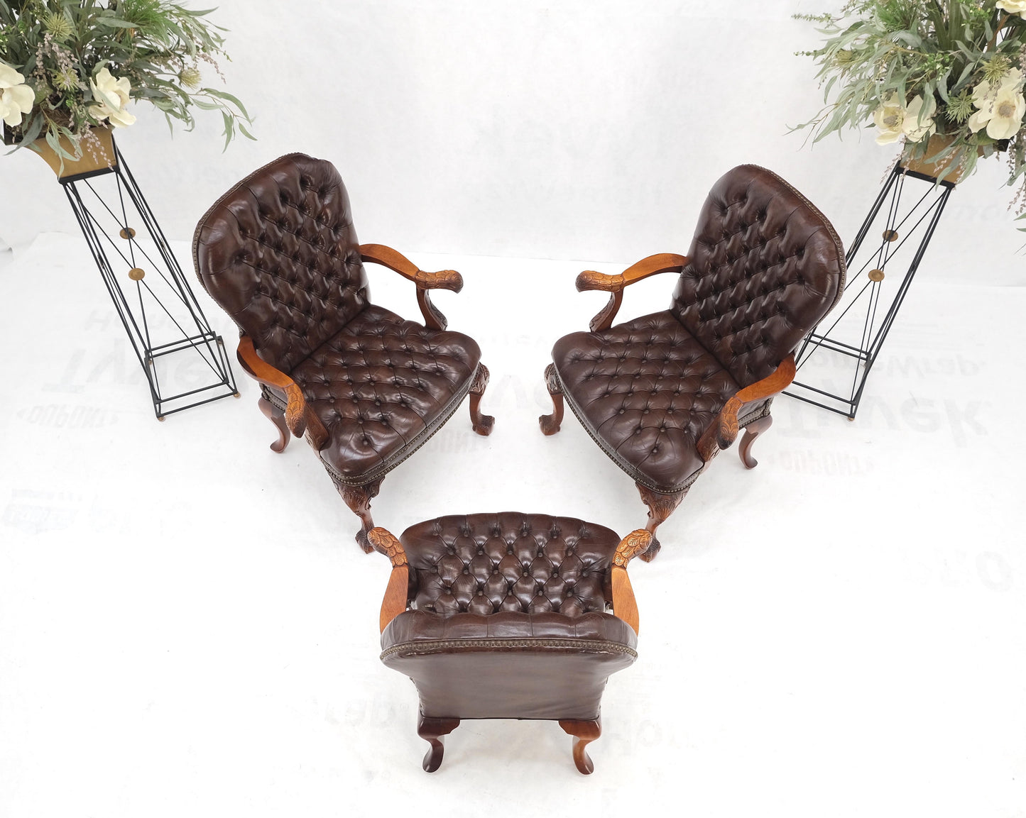 Brown Leather Chesterfield Backs & Seat Carved Walnut Armchairs Fireside Chairs