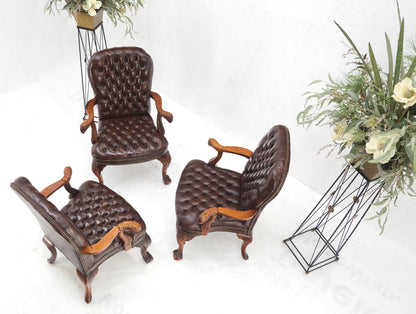 Brown Leather Chesterfield Backs & Seat Carved Walnut Armchairs Fireside Chairs