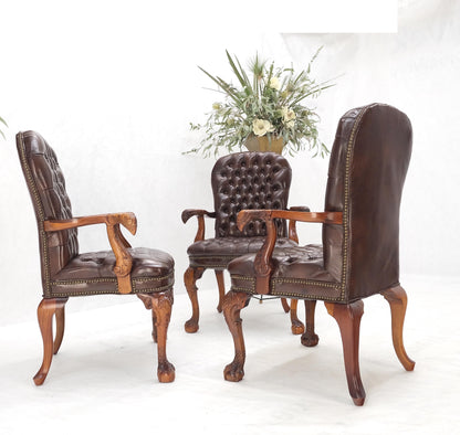 Brown Leather Chesterfield Backs & Seat Carved Walnut Armchairs Fireside Chairs