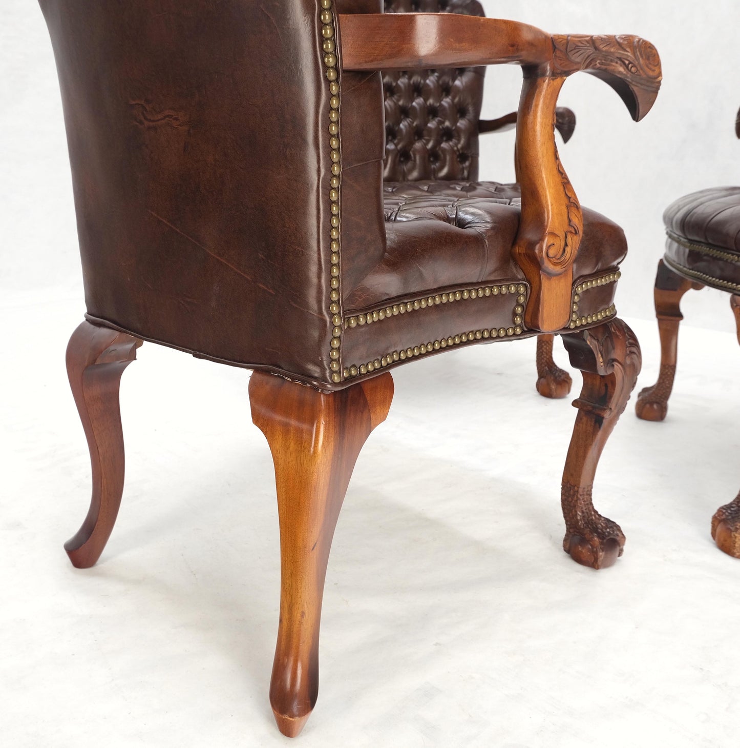 Brown Leather Chesterfield Backs & Seat Carved Walnut Armchairs Fireside Chairs