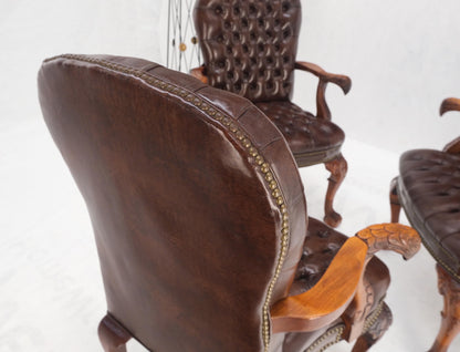 Brown Leather Chesterfield Backs & Seat Carved Walnut Armchairs Fireside Chairs